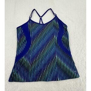Fila Blue Green Striped Spaghetti Strap Shelf Bra Racer Womens Tank‎ Top Large
